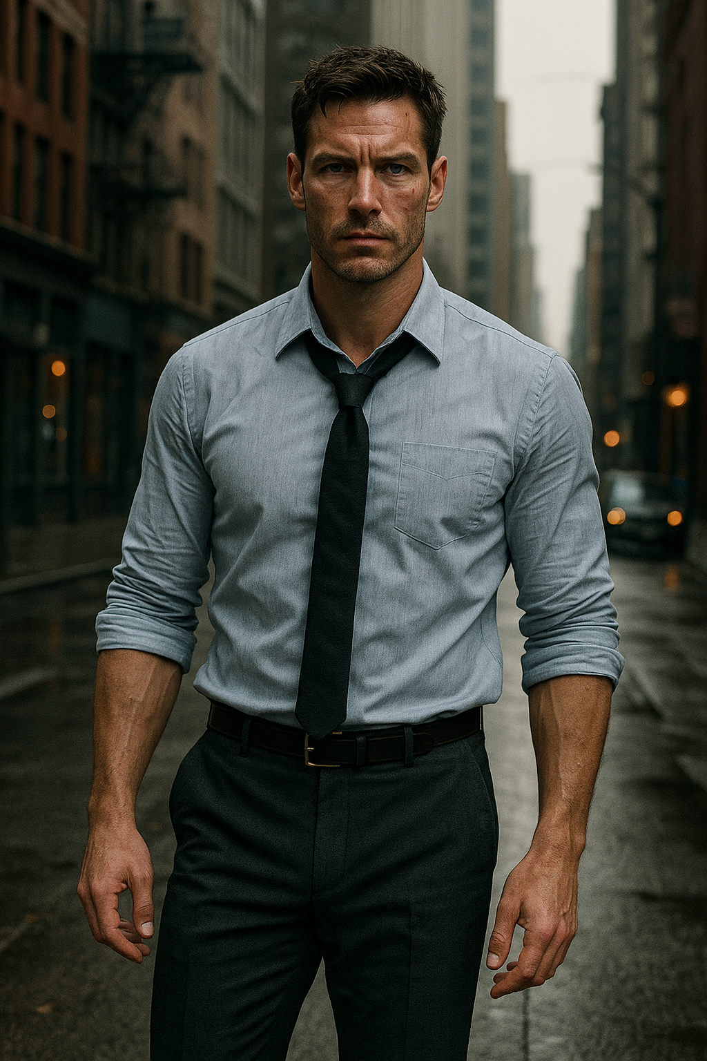 Detective Sam Rourke in a rain-soaked Chicago street